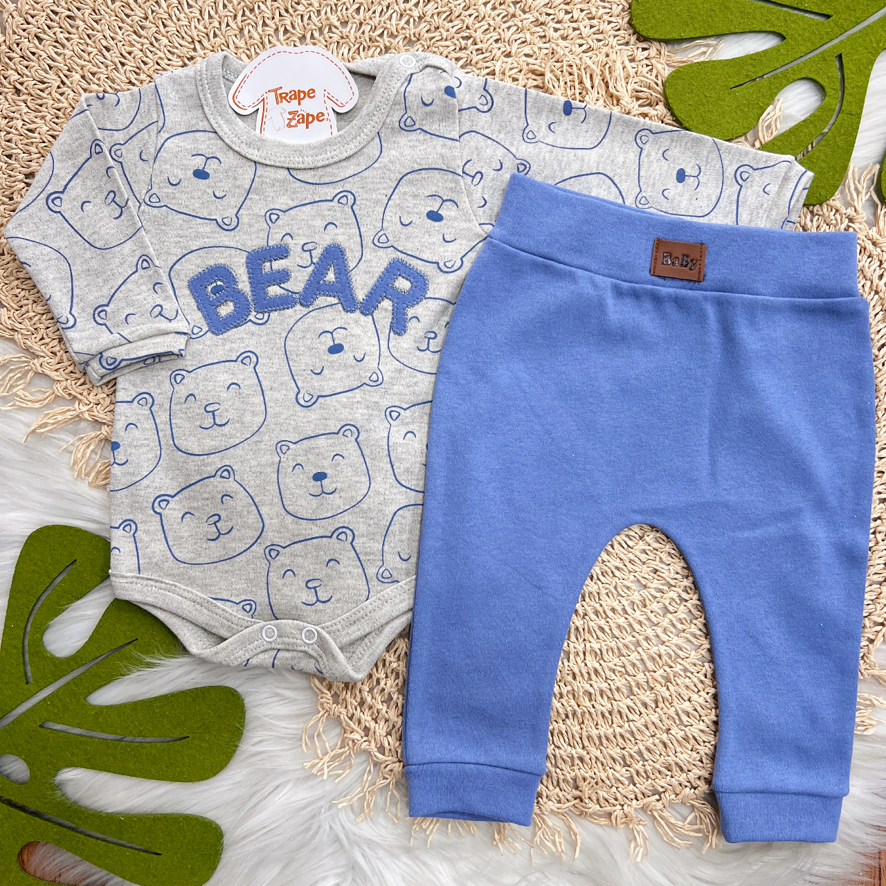 Conj. Body Manga Longa Bear e Calça - Mescla e Azul Bic